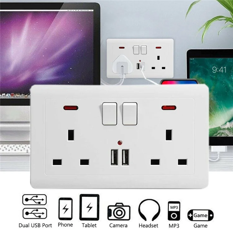 Двойная Стена Гнездо 2 Gang 13a 2 USB -зарядные Отверстия White Plate UK Plug