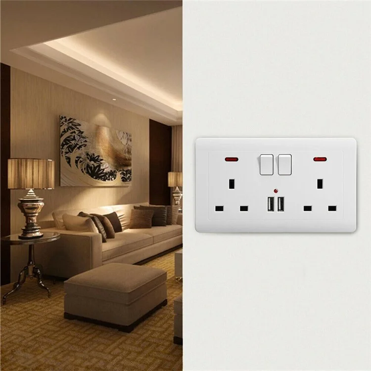 Двойная Стена Гнездо 2 Gang 13a 2 USB -зарядные Отверстия White Plate UK Plug