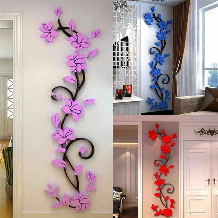 Pegatina de Pared Acrílica 3D Decisión Extraíble Mural Jarrón Árbol de Flores Para Decoración de la Habitación 24*80 cm - Bebe Azul