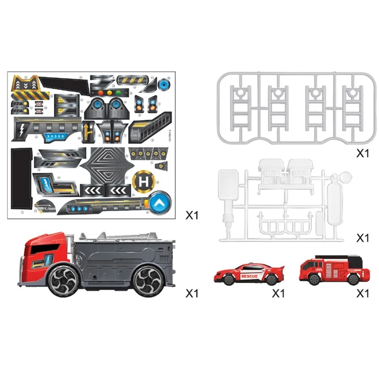 Kids Puzzle Toy Deformation Fire Engineering Vehicle Storage Parking Lot Car Model Set - Red