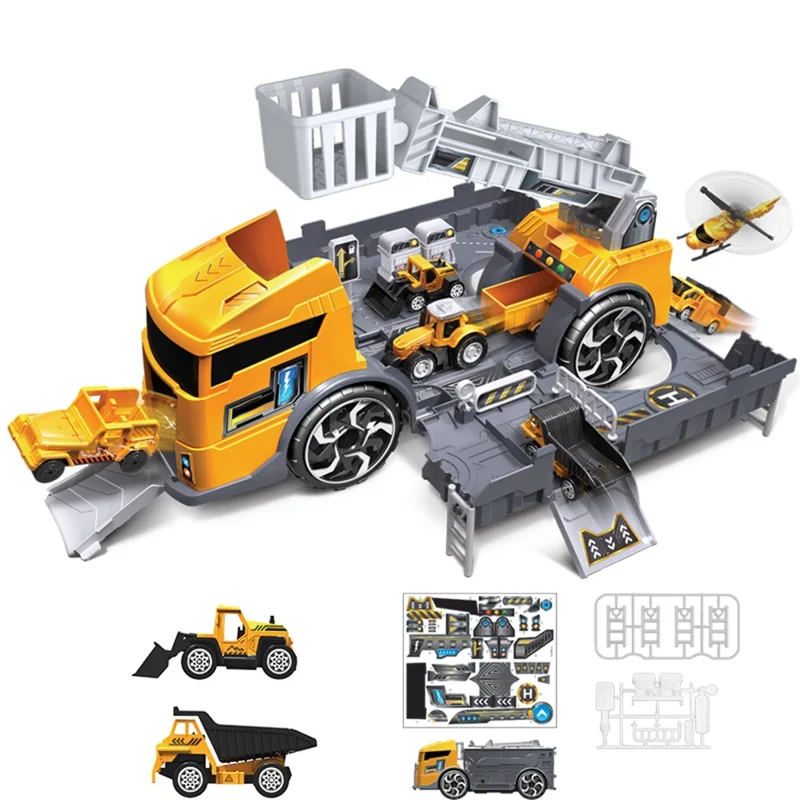 Kids Puzzle Toy Deformation Fire Engineering Vehicle Storage Parking Lot Car Model Set - Yellow