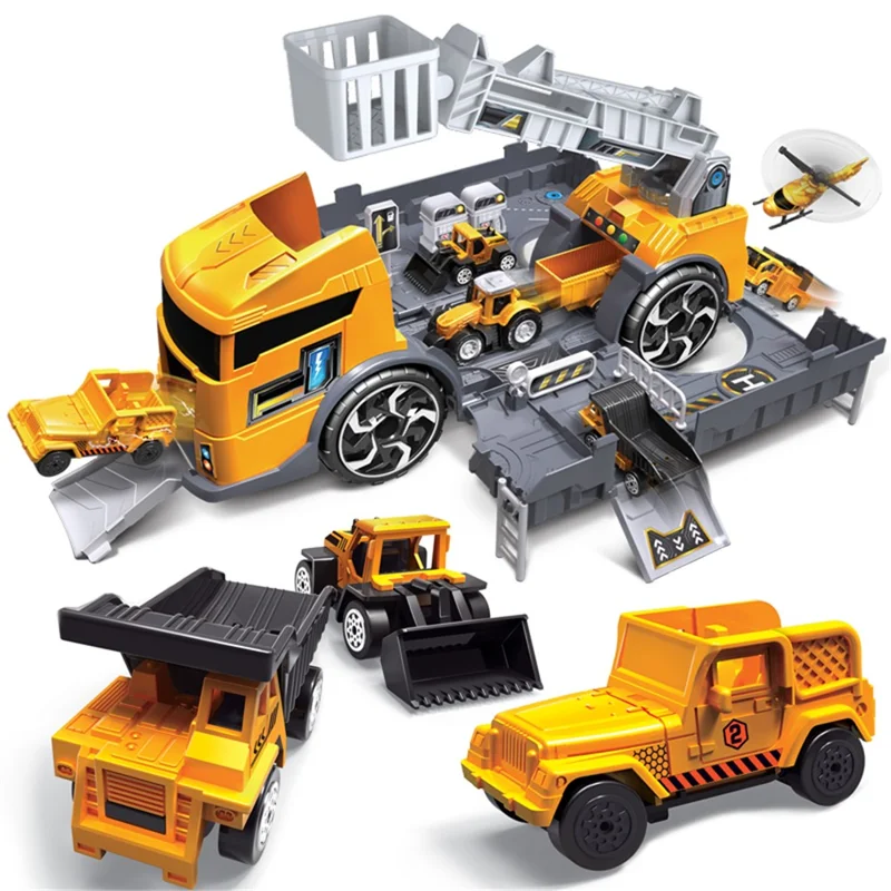 Kids Puzzle Toy Deformation Fire Engineering Vehicle Storage Parking Lot Car Model Set - Yellow