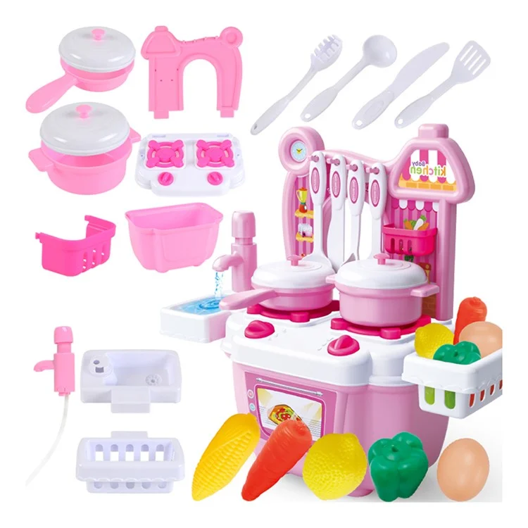 Children Kids Educational Play Set Kitchen Toys Plastics Dollhouse Dining Table - Pink