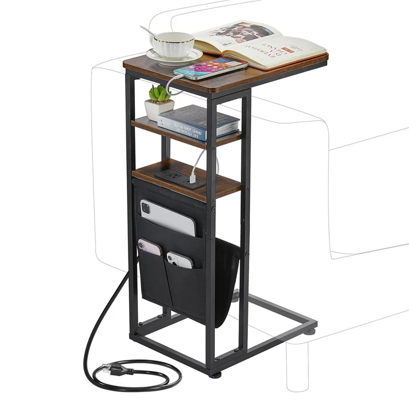 طاولة جانبية DULCII 595-C طاولة نهائية ضيقة مع حامل المجلات ومنافذ طاقة قابس أمريكي، 40x30x71 سم - بني ريفي