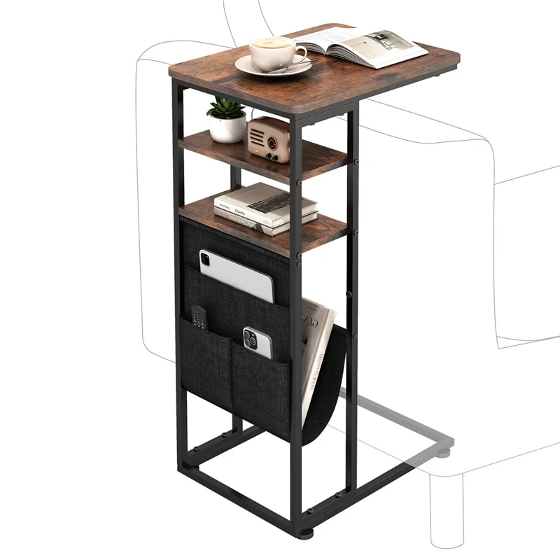 DULCII 595-C2 Narrow Side Table with Magazine Holder, 40x30x71cm - Rustic Brown