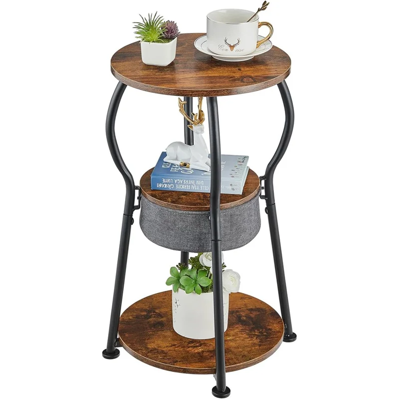 DULCII 596-BS9-3-Tier Round End Table with Cloth Storage Basket, 30x30x55cm - Rustic Brown
