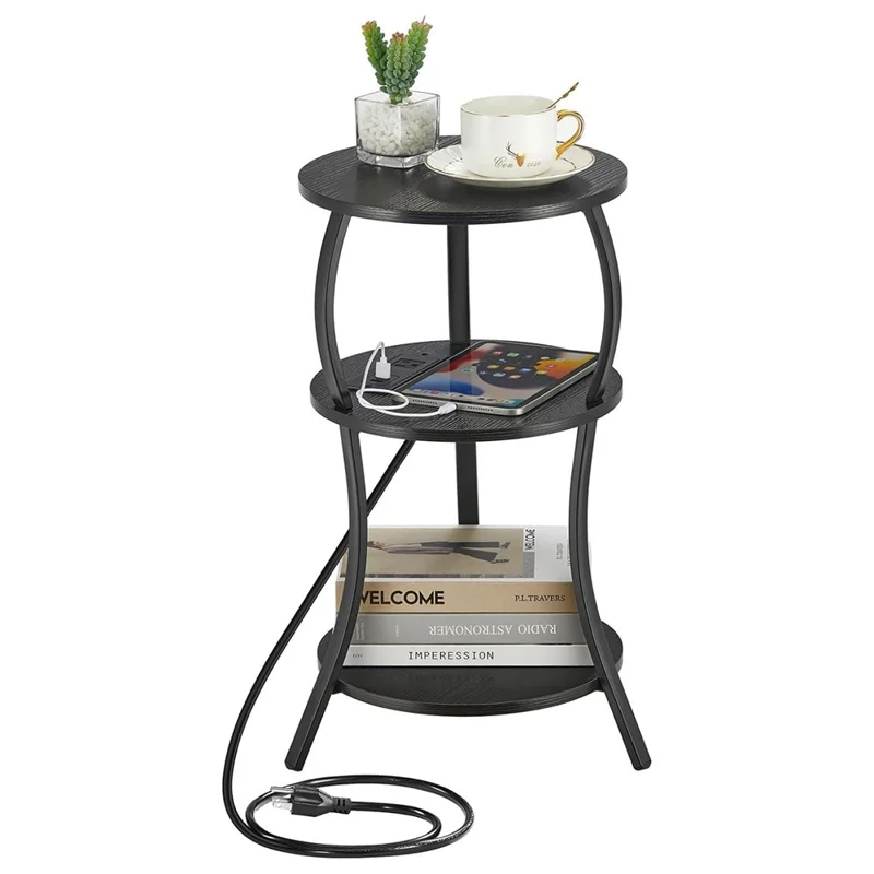 DULCII 3-Tier Round Side Table with UK Plug Power Outlet 300 x 550mm Tablet - Black Dark Walnut