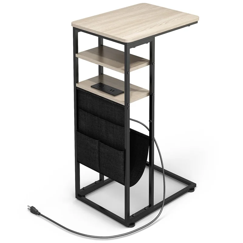 Stół boczny DULCII o podwójnej konstrukcji w kształcie litery C 40x30x71 cm z gniazdkiem elektrycznym / worek na rzeczy z tkaniny oksford – DĄB