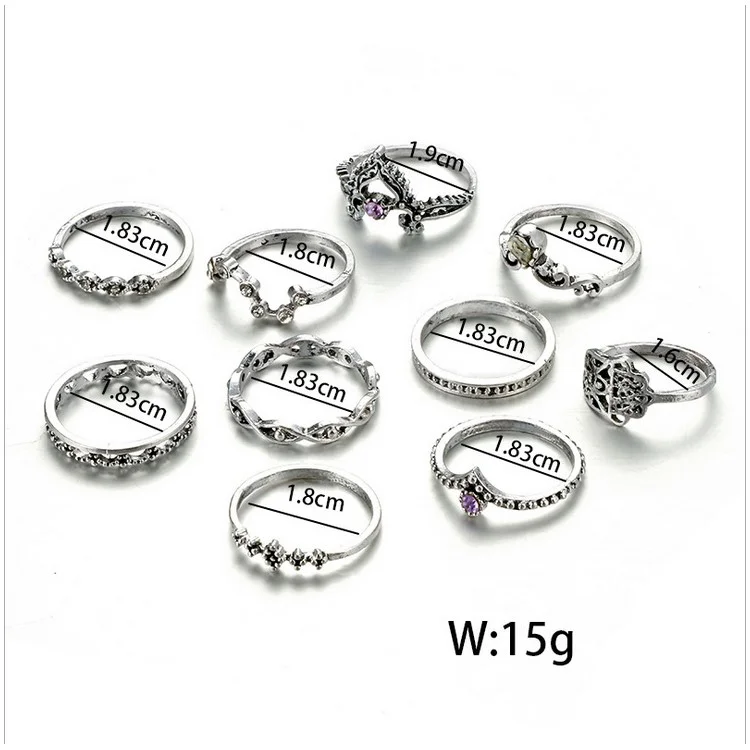 10Pcs/Set Vintage Crystal Alloy Carved Finger Ring Set Jewelry Set for Women
