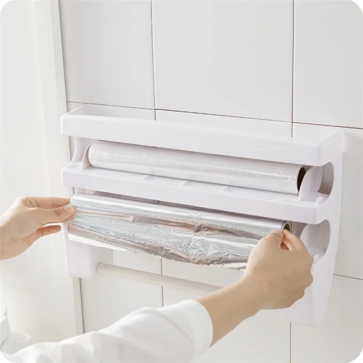 Kitchen Cling Film/Paper Towel Holder ABS Wall-mounted Roll Holder Rack - White