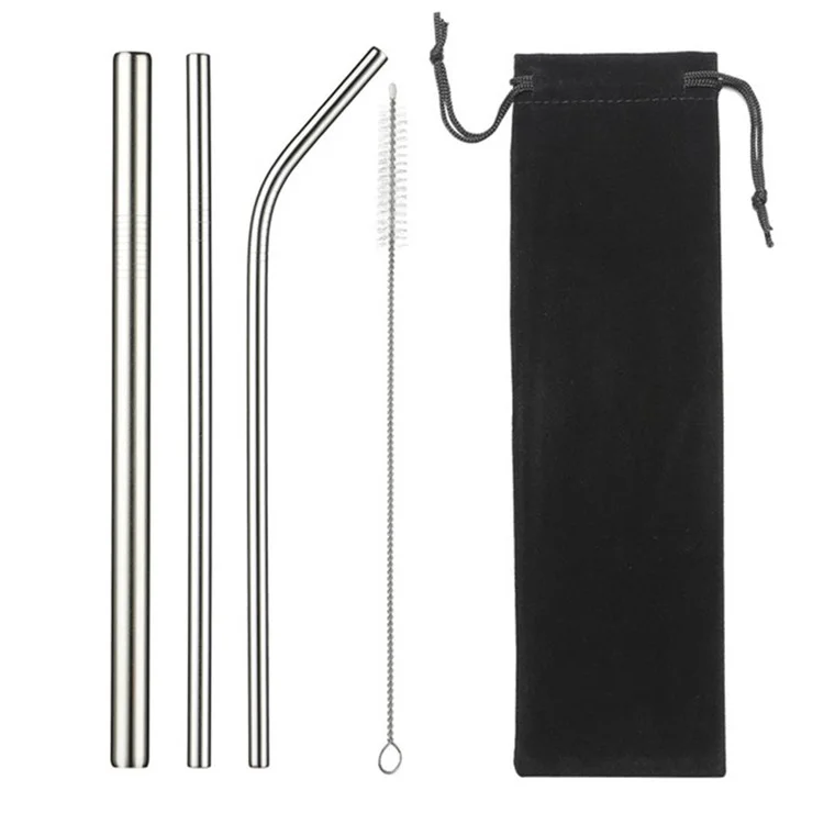 3Pcs Stainless Steel Reusable Drinking Straws + 1 Cleaning Brush Kit - Silver