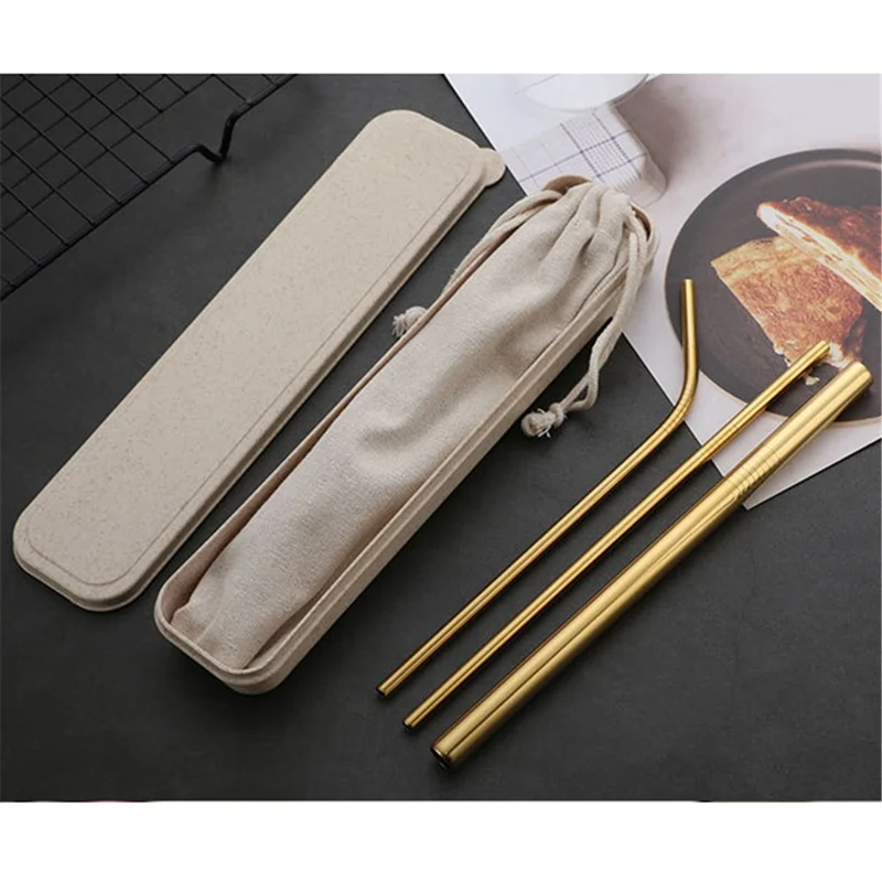 3 stk. Genbrugelige Stainless Steel Drikkestråler + 1 stk. Rengøringsbørste Kit - Guld