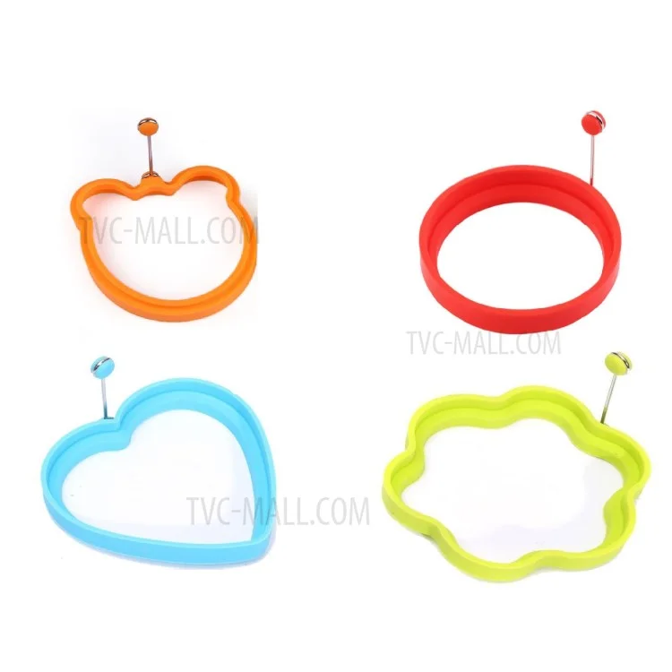 Nonstick Silicone Fried Egg Mold Ring Set Heart Egg for Cooking - Green Flower + Blue Heart + Red Circle + Orange Bear