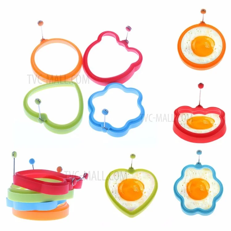 Nonstick Silicone Fried Egg Mold Ring Set Heart Egg for Cooking - Green Flower + Blue Heart + Red Circle + Orange Bear