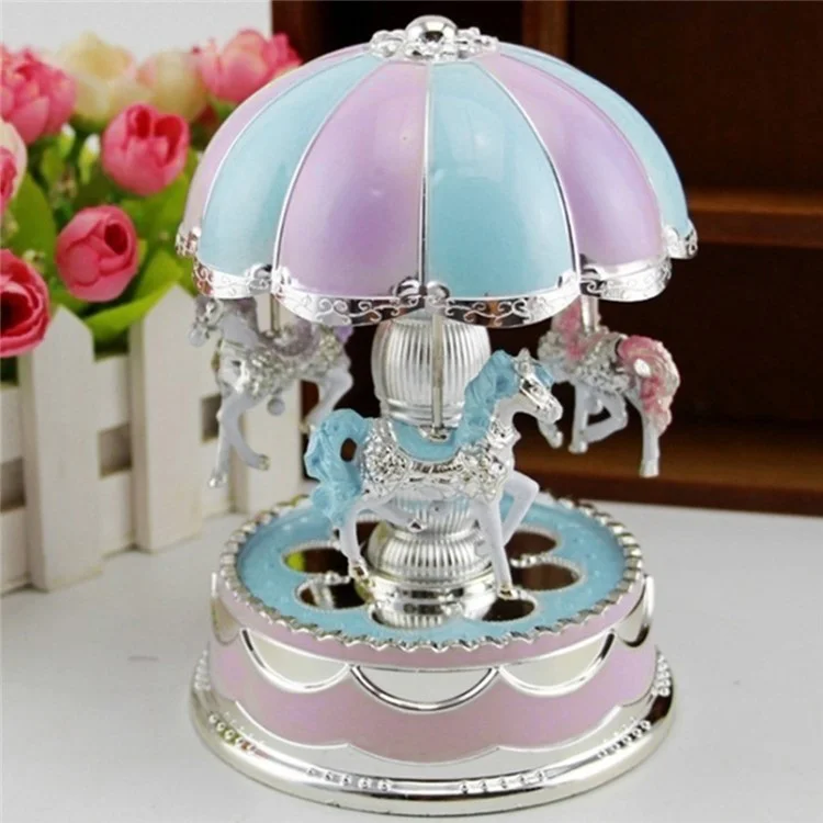 Romantic 3-horse Carousel Music Box with LED Flash Lights for Christmas Birthday Gift - Purple