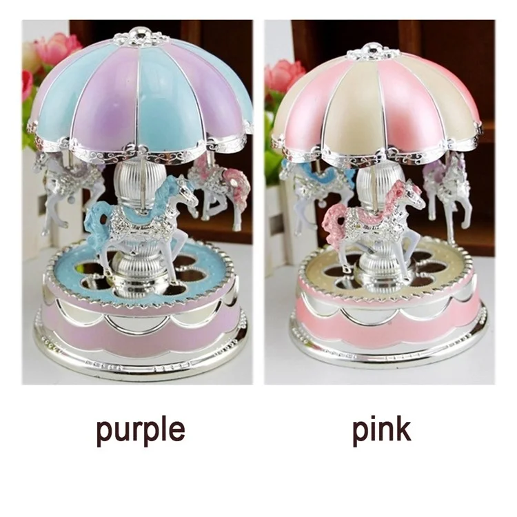 Romantic 3-horse Carousel Music Box with LED Flash Lights for Christmas Birthday Gift - Purple