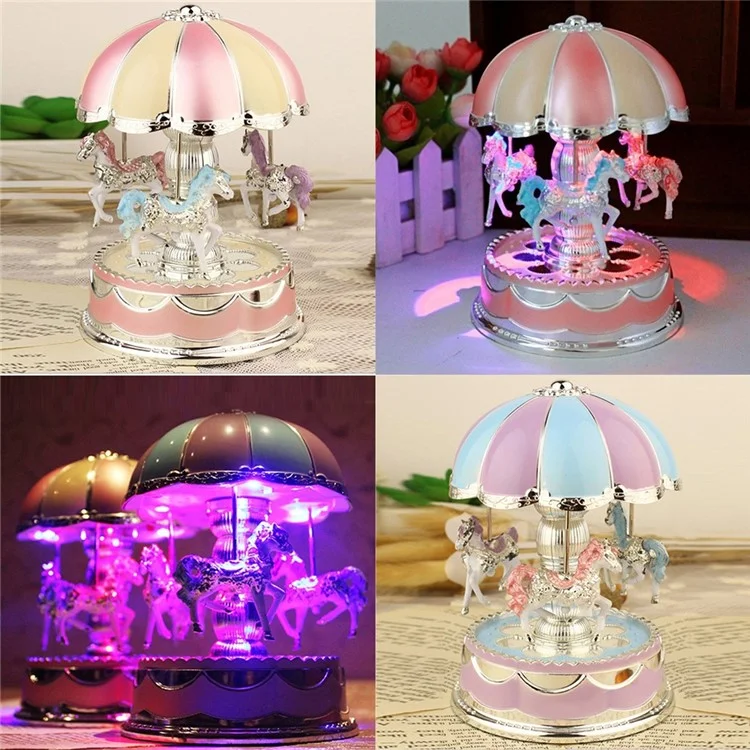 Romantic 3-horse Carousel Music Box with LED Flash Lights for Christmas Birthday Gift - Purple