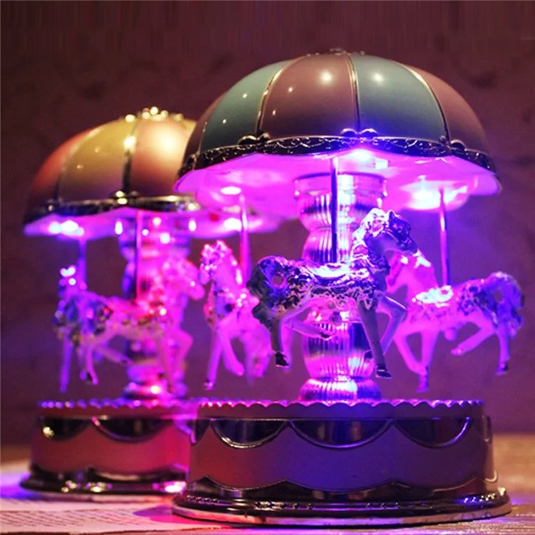 Romantic 3-horse Carousel Music Box with LED Flash Lights for Christmas Birthday Gift - Purple