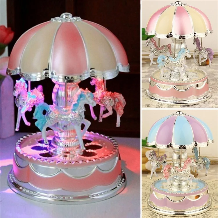 Romantic 3-horse Carousel Music Box with LED Flash Lights for Christmas Birthday Gift - Purple