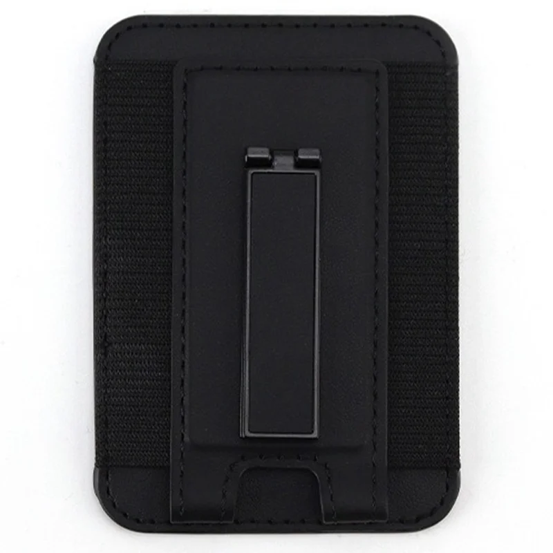 For iPhone 12-15 Series Magnetic Card Holder PU Leather Card Bag with Kickstand - Black