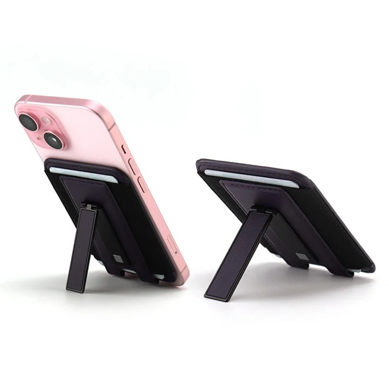 For iPhone 12-15 Series Magnetic Card Holder PU Leather Card Bag with Kickstand - Black