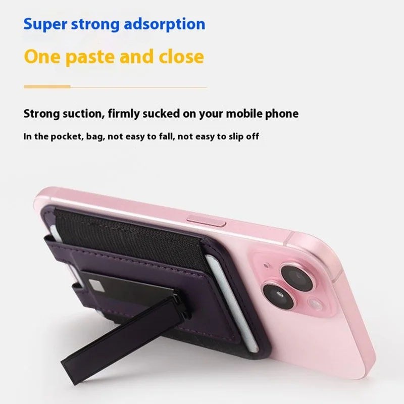 For iPhone 12-15 Series Magnetic Card Holder PU Leather Card Bag with Kickstand - Black