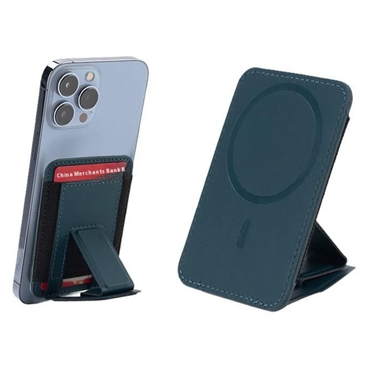 Per iPhone 12-15 Series Phone Back Card Holder Compatibile con MagSafe Leather+Silicone Card Bag con Kickstand - Navy Blue