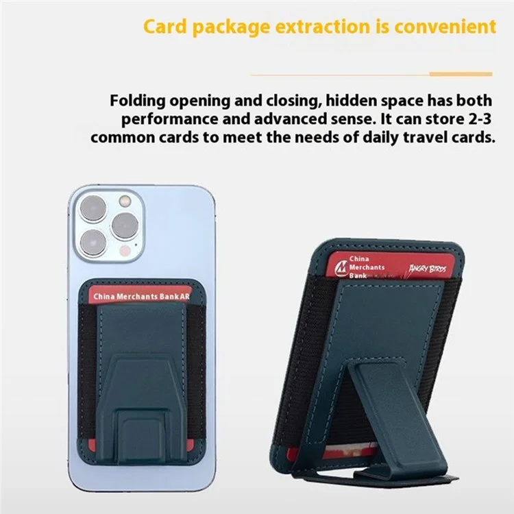 Per iPhone 12-15 Series Phone Back Card Holder Compatibile con MagSafe Leather+Silicone Card Bag con Kickstand - Navy Blue