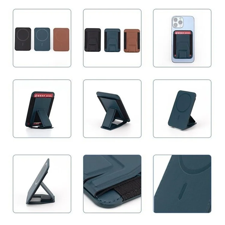 Per iPhone 12-15 Series Phone Back Card Holder Compatibile con MagSafe Leather+Silicone Card Bag con Kickstand - Navy Blue