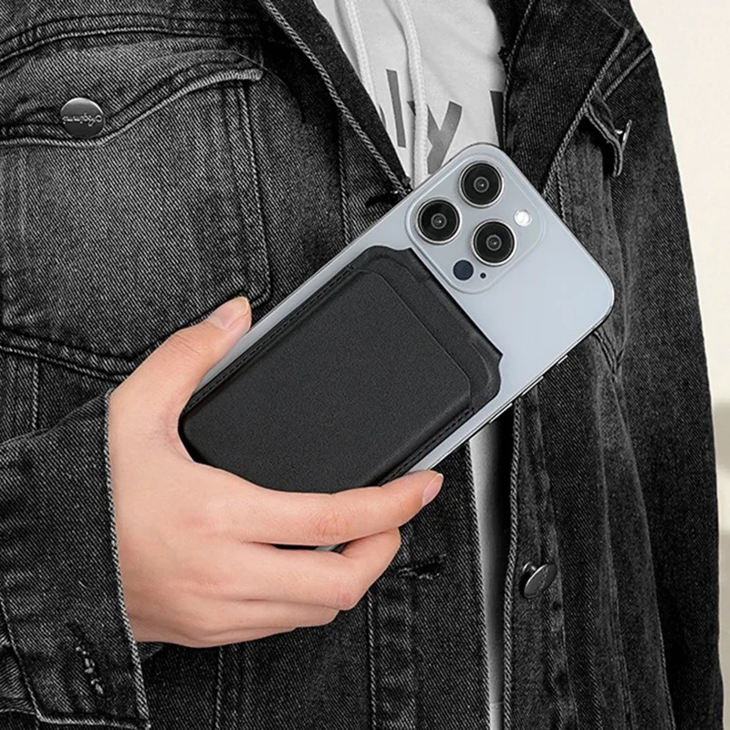 M66 Magnetic Card Holder Wallet Kickstand PU Leather Secure Bank Card Bag - Black