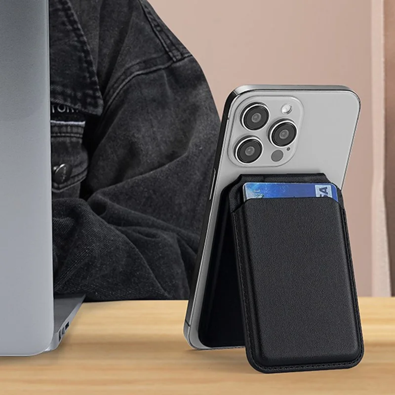 M66 Magnetic Card Holder Wallet Kickstand PU Leather Secure Bank Card Bag - Black