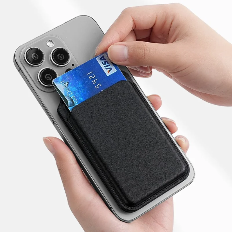 M66 Magnetic Card Holder Wallet Kickstand PU Leather Secure Bank Card Bag - Black