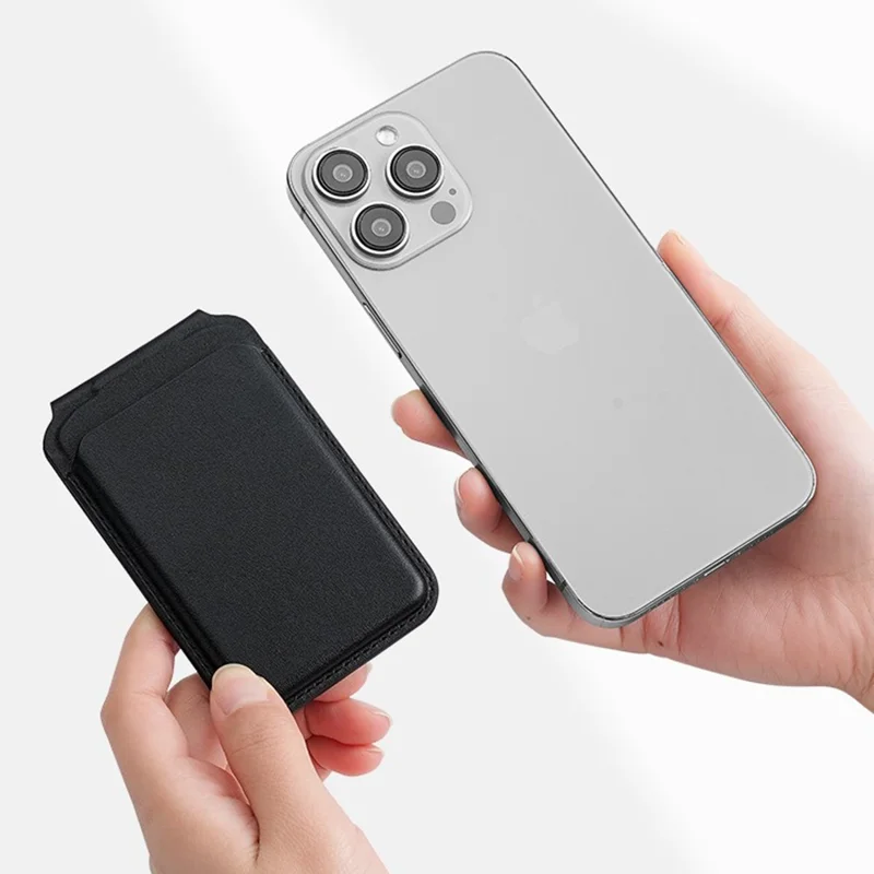 M66 Magnetic Card Holder Wallet Kickstand PU Leather Secure Bank Card Bag - Black