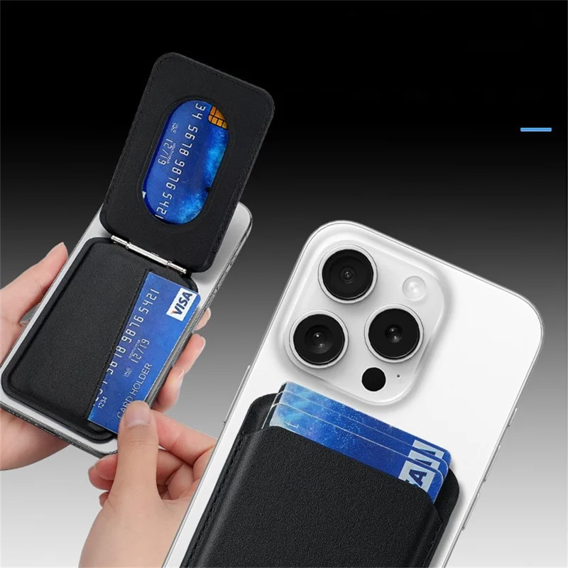 M66 Magnetic Card Holder Wallet Kickstand PU Leather Secure Bank Card Bag - Black