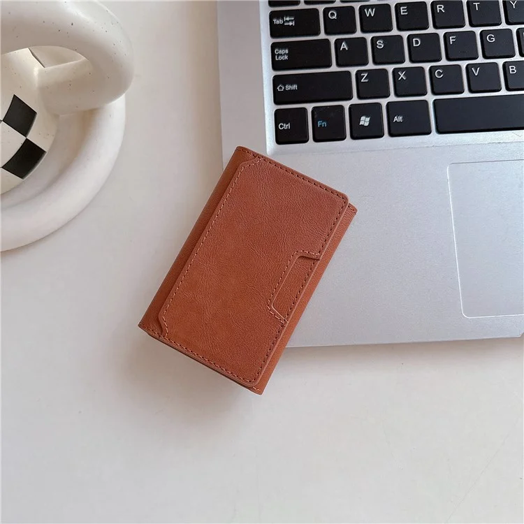 Magnetic Card Holder Minimalist Trifold PU Leather ID Card Case Name Card Case - Coffee