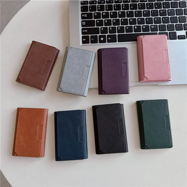 Magnetic Card Holder Minimalist Trifold PU Leather ID Card Case Name Card Case - Coffee
