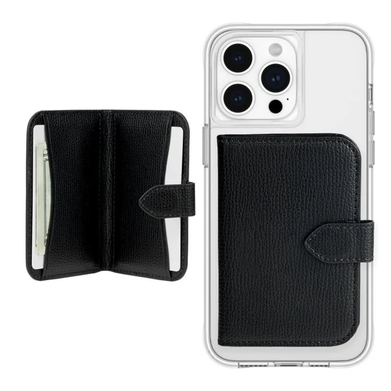Magnetic Card Holder Genuine Cow Leather Bifold Card Sleeve - Black