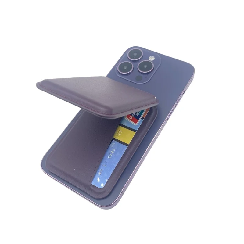 Magnetic Card Holder Compatible with MagSafe Foldable Kickstand Leather Phone Card Pocket Holder - Dark Purple