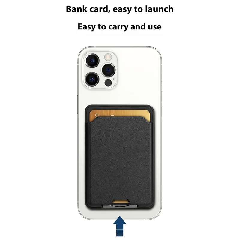 Magnetic Card Holder Compatible with MagSafe Pull-Out Kickstand Leather Card Sleeve Pocket - Black