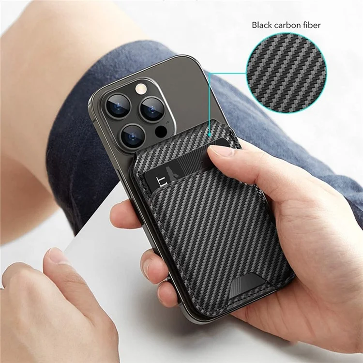 Magnetic Card Holder Compatible with MagSafe Kickstand Genuine Cow Leather Phone Pocket Card Bag - Carbon Fiber Black