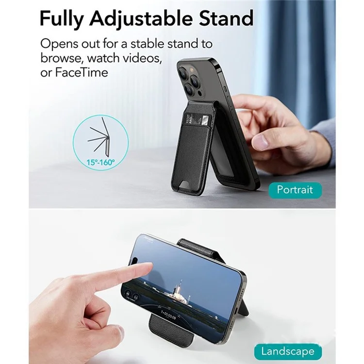 Magnetic Card Holder Compatible with MagSafe Kickstand Genuine Cow Leather Phone Pocket Card Bag - Carbon Fiber Black