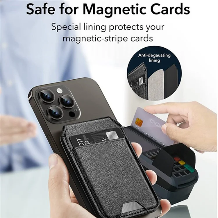 Magnetic Card Holder Compatible with MagSafe Kickstand Genuine Cow Leather Phone Pocket Card Bag - Carbon Fiber Black