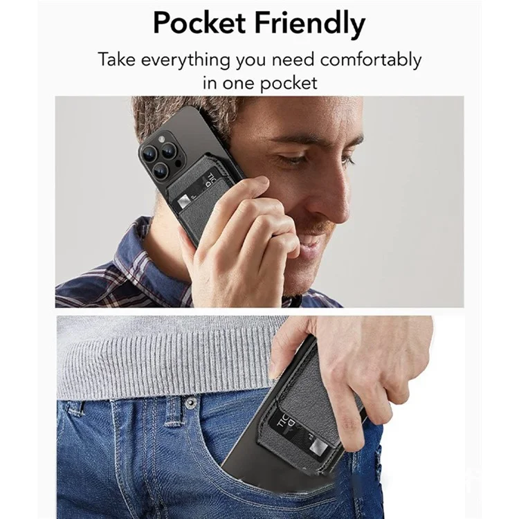 Magnetic Card Holder Compatible with MagSafe Kickstand Genuine Cow Leather Phone Pocket Card Bag - Carbon Fiber Black