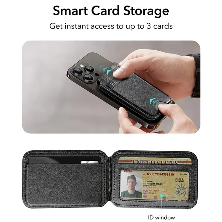 Magnetic Card Holder Compatible with MagSafe Kickstand Genuine Cow Leather Phone Pocket Card Bag - Carbon Fiber Black