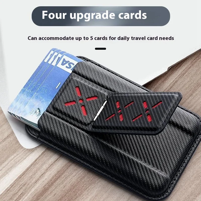 Magnetic Card Holder Compatible with MagSafe Kickstand Carbon Fiber Leather Card Sleeve - Black