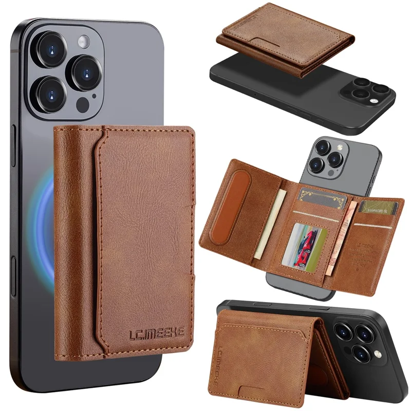 LC.IMEEKE Magnetic Card Holder Kickstand RFID Blocking PU Leather Phone Back Card Case - Brown