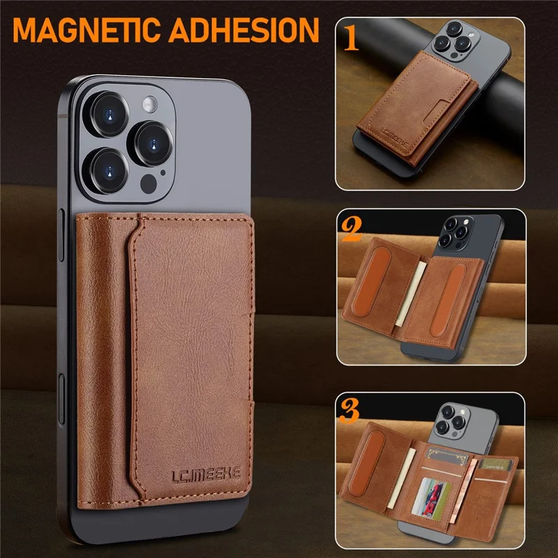 LC.IMEEKE Magnetic Card Holder Kickstand RFID Blocking PU Leather Phone Back Card Case - Brown