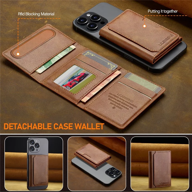 LC.IMEEKE Magnetic Card Holder Kickstand RFID Blocking PU Leather Phone Back Card Case - Brown