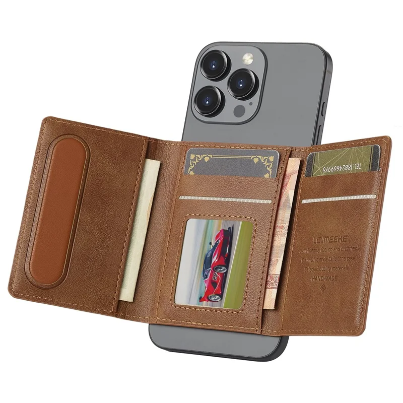 LC.IMEEKE Magnetic Card Holder Kickstand RFID Blocking PU Leather Phone Back Card Case - Brown
