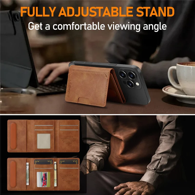 LC.IMEEKE Magnetic Card Holder Kickstand RFID Blocking PU Leather Phone Back Card Case - Brown